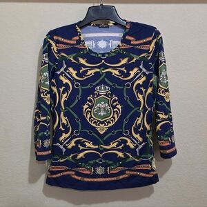 J McLaughlin Signature Top Blue Multicolor Equestrian Catalina Cloth Size Small